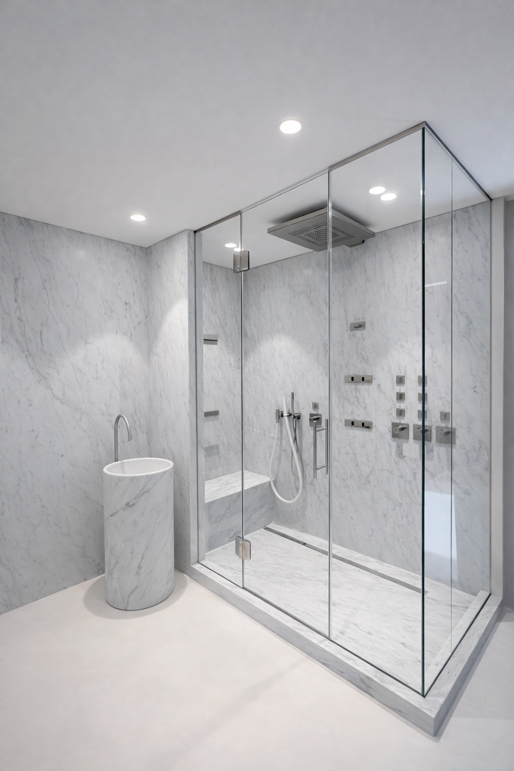 Cabine de douche en verre transparent sur mesure dans salle de bain en marbre.