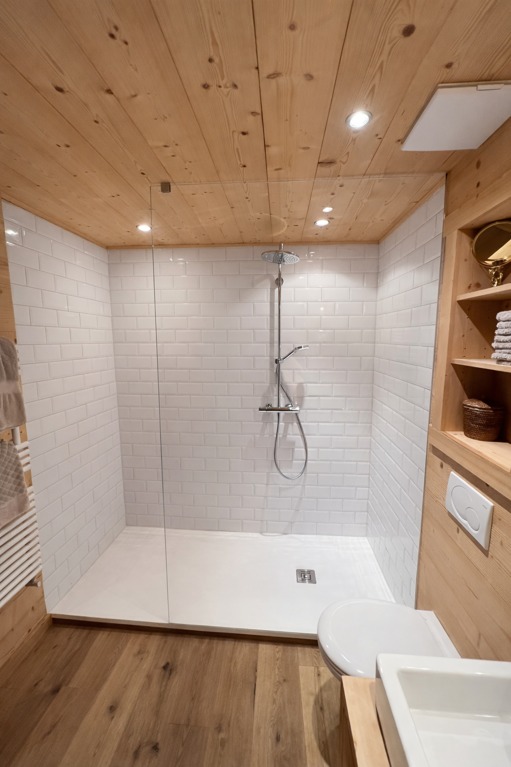 Paroi de douche en verre clair sans cadre avec carrelage blanc et plafond en bois.